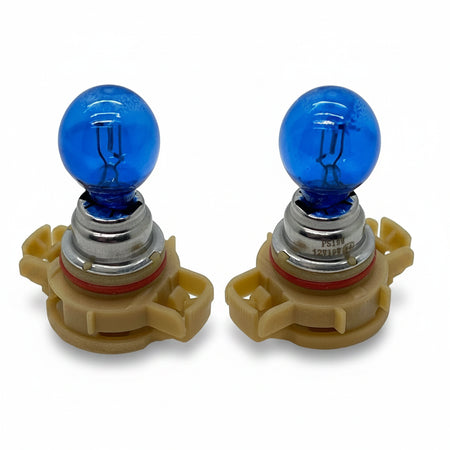 Two blue light bulbs with beige bases on a white background