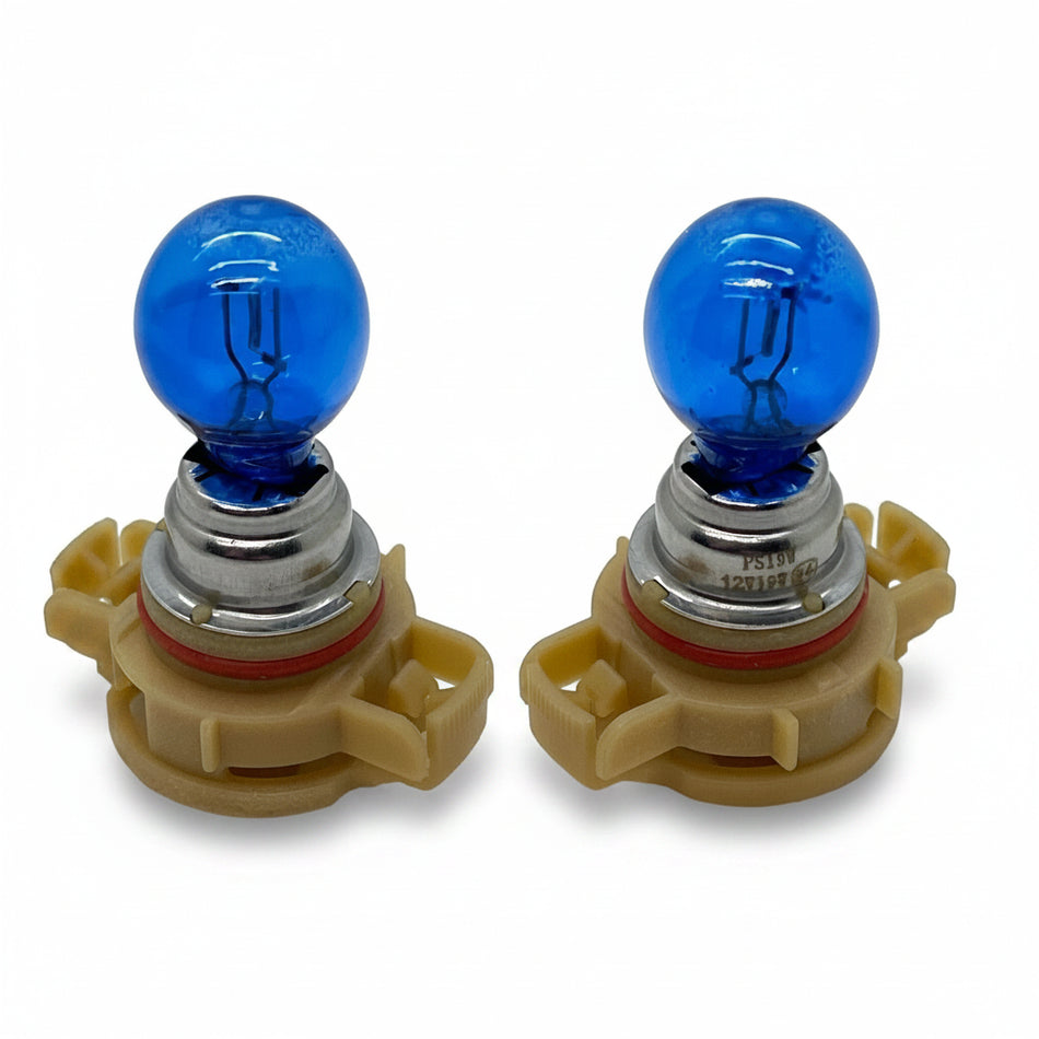 Two blue light bulbs with beige bases on a white background
