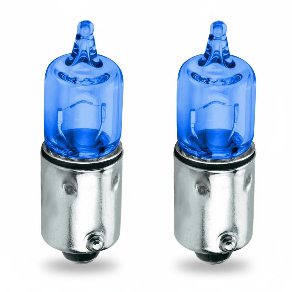 Two blue halogen car bulbs on a white background