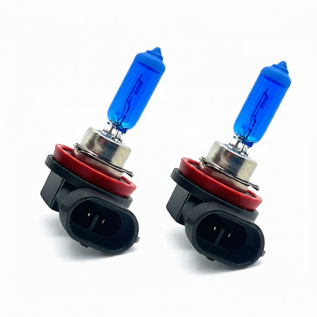 Two blue car headlights on a white background