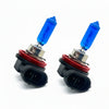 Two blue car headlights on a white background