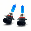 Two car light bulbs with blue casings on a white background