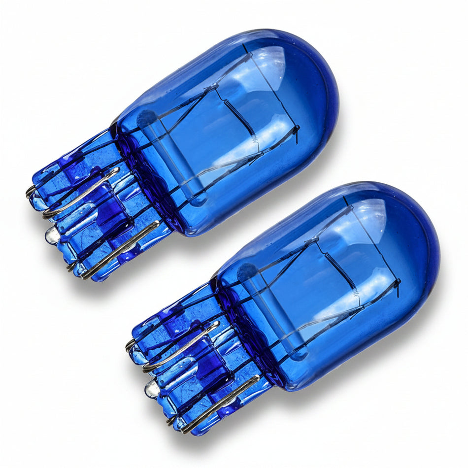 Two blue car lights on a white background