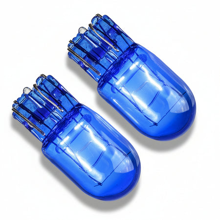 Two blue light bulbs on a white background