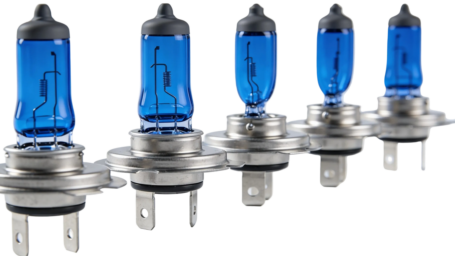 Row of blue car headlights on a white background