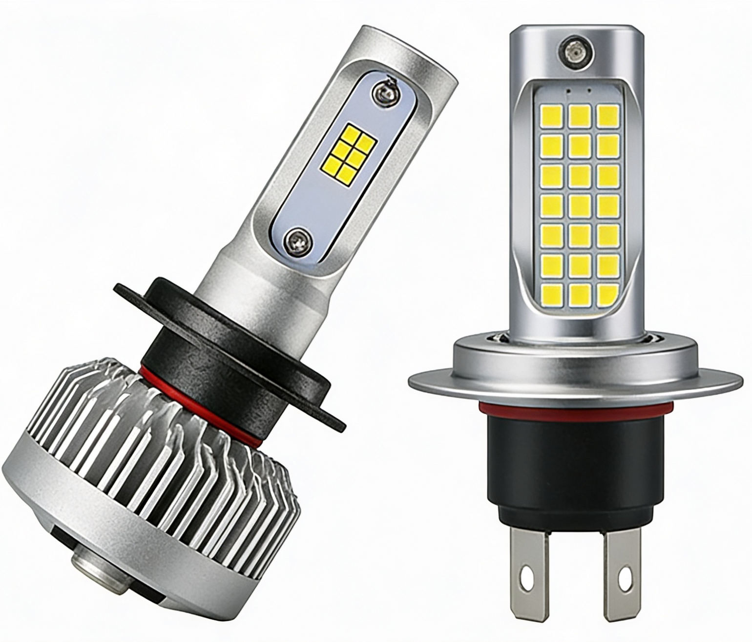 Two car headlight bulbs with LED lights on a white background