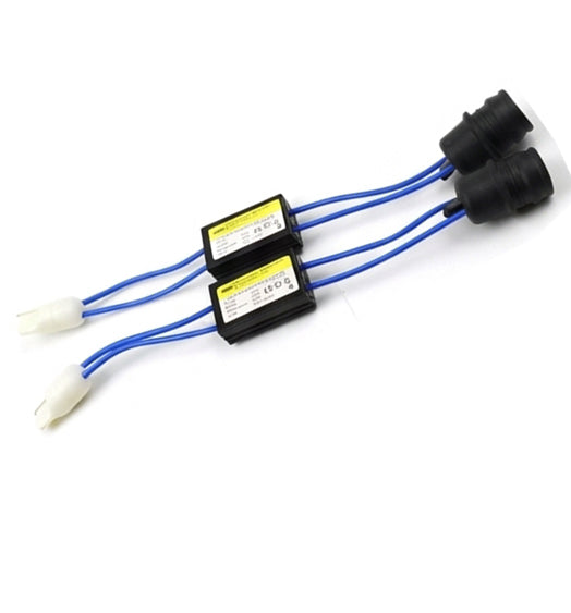 Two black rectangular electronic modules with blue wires, white connector ends on one side and black connector ends on the other, shown on a white background.