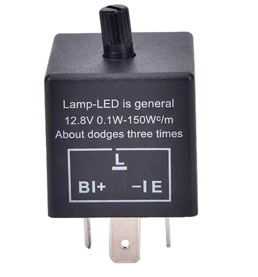 A black plastic electrical relay component with a threaded black screw on top, metal pins at the bottom, and white printed text and symbol on the front face, shown against a plain white background.