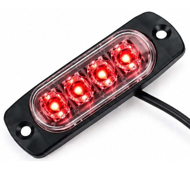A black rectangular LED light bar with five glowing red lights under a clear cover, shown on a white background with a black power cable extending from the right side.