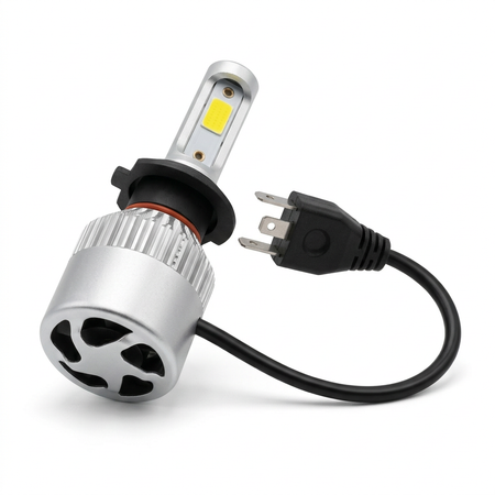 Full S2 LED bulb with H4 three-spade plug on white background