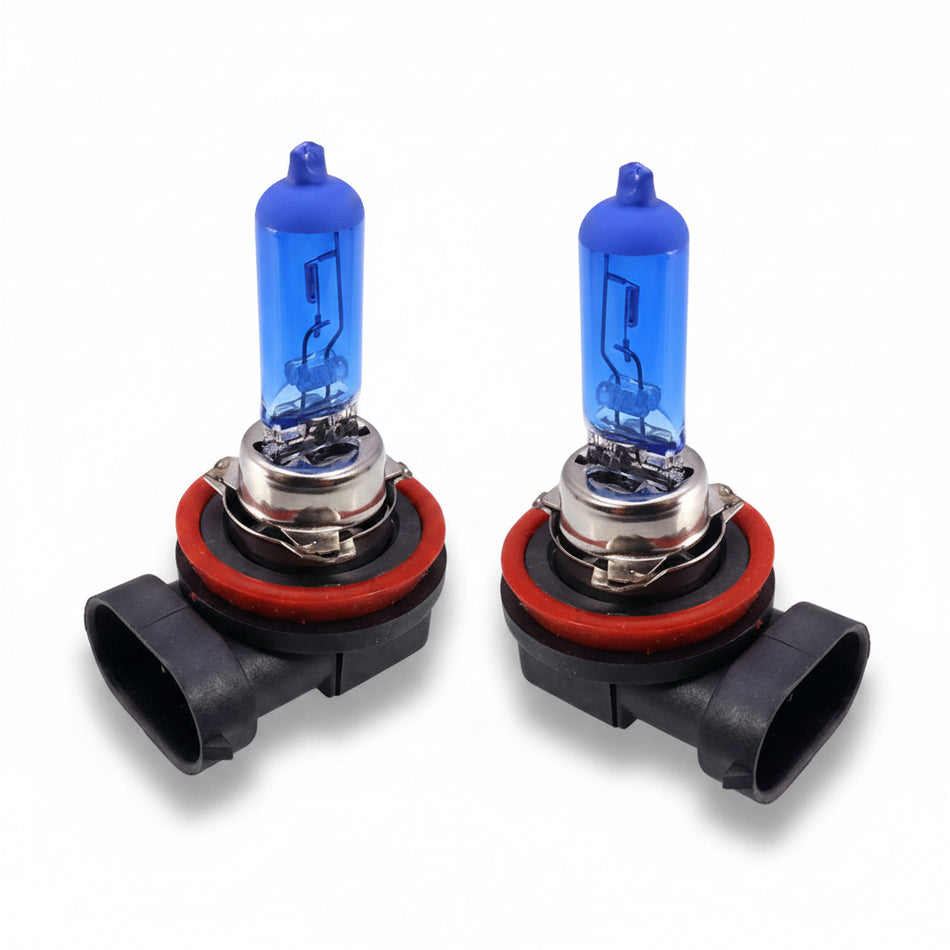Two car headlight bulbs with blue glass and metal casings on a white background