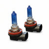 Two car headlights with blue glass and red and black metal casings on a white background.