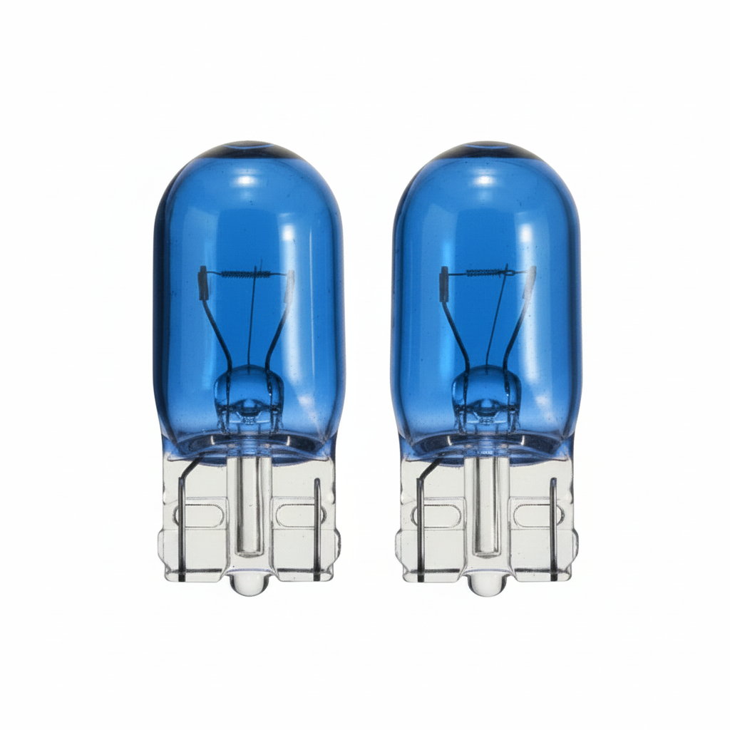 Two blue car light bulbs on a white background