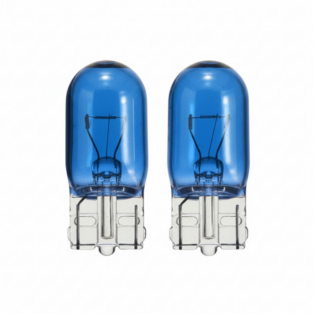 Two blue car light bulbs on a white background