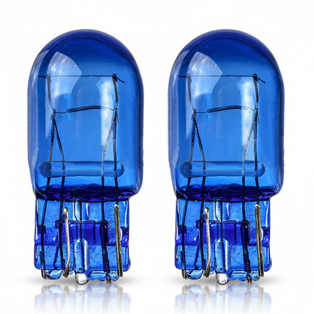 Two blue car light bulbs on a white background